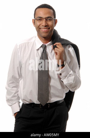 Relaxed businessman with jacket slung over his shoulder. Stock Photo