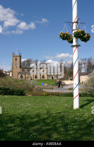 Parish Church at Rothwell Leeds taken from Butter Cross and stocks with Maypole in foreground Stock Photo