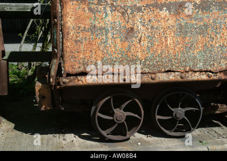Close up of rusting coal wagon at NCM Body rusted through Rivets and cast iron wheels clearly visible Stock Photo