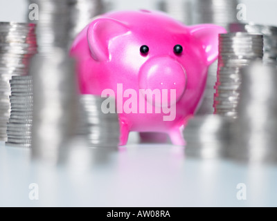 Piggy bank and stacks of coins Stock Photo