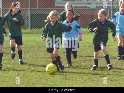 Two primary school girls teams playing soccer on a public sports field in Hobart, Tasmania Stock Photo