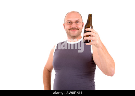 Overweight man holding a bottle of beer in his hand Stock Photo