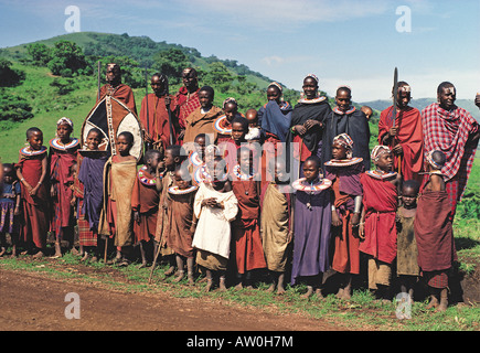 Group of Maasai posed for photographers on the rim of Ngorongoro Crater Tanzania East Africa Stock Photo