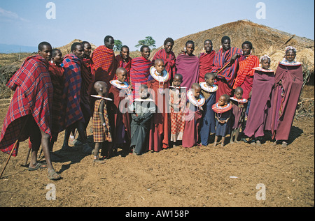 Group of Maasai posed for photographers on the rim of Ngorongoro Crater Tanzania East Africa Stock Photo