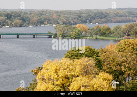 Wisconsin,WI,Rock County,Beloit,Rock River,water,Riverside Park,trees,fall colors,leaf changing,autumn,season,trees,weather,autumn,WI061003095 Stock Photo