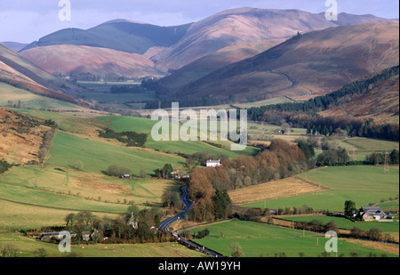 Scottish Border Hills Hill walking near Langholm Wrae Hill looking up Ewes Water and A7 towards Hawick Scotland UK Stock Photo