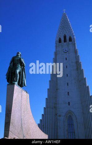 Leifer Ericsson Son of Iceland statue, Church of Hallgrímur Reykjavik Cathedral. Stock Photo