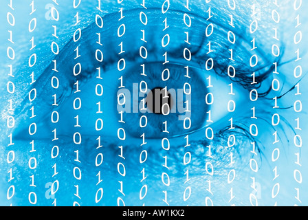 Biometrics Concept Showing a Human Females Eye with Binary Digits Superimposed Over the Surface Stock Photo