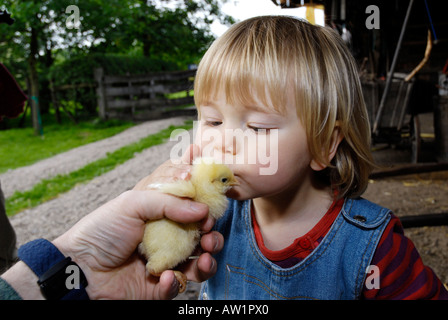 Little girl kisses chick Stock Photo