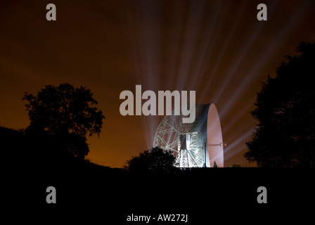 A short film is projected onto the front of the large dish at Jodrell Bank Observatory Cheshire UK 6th Oct 2007 This was to cele Stock Photo