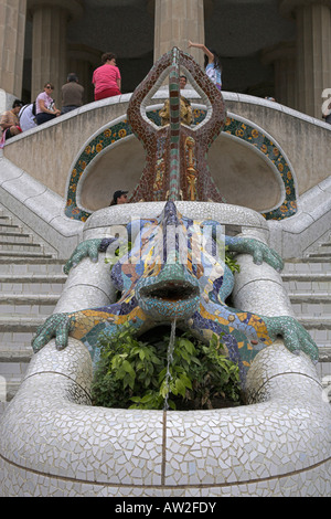 Gaudí's multicolored mosaic dragon fountain Stock Photo