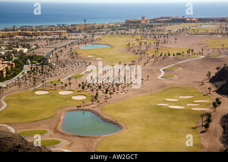 Aerial view of professional 18 hole golf course and hotels in resort village on Red Sea. Taba Heights Sinai Peninsula Egypt Stock Photo