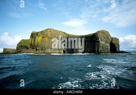Basalt rock columns of the island of Staffa, Inner Hebrides, Scotland. Entrance to Fingal's Cave on right side