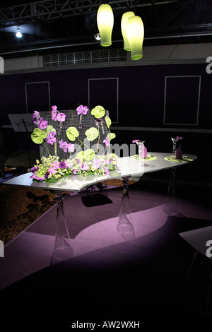 Table arrangement of purple orchids and lime green lilies on wire mesh on curving white table balanced on three tall glass vases Stock Photo