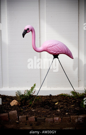 plastic, pink flamingo in front of white wall. Stock Photo