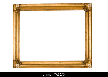 Picture frame in antique gold, old distressed finish and rough uneven surface of a cracked junk shop find, white isolated. Stock Photo