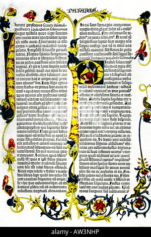 Gutenberg's Bible. Probably the first edition, named Mazarin Bible, 1453. Antique illustration from an encyclopaedia. 1914. Stock Photo