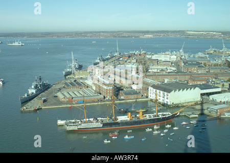 Aerial view of HMS Victory moored in Portsmouth Historic Naval Dockyard, Hampshire Stock Photo