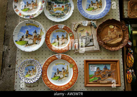 Souvenir plates on sale in the medieval walled town of Carcassonne France. Stock Photo