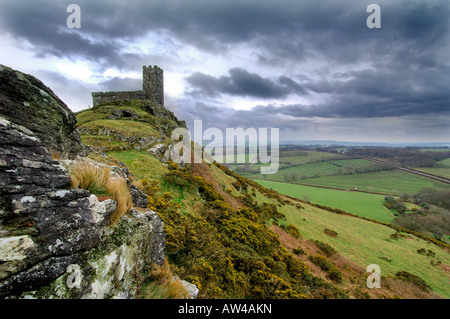 Dramatic stormy skies over The Church of St Michael on Brent Tor within Dartmoor National Park South Devon Stock Photo