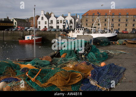 Eyemouth harbour fishing boats nets east coast Scottish Borders August 2007 Stock Photo