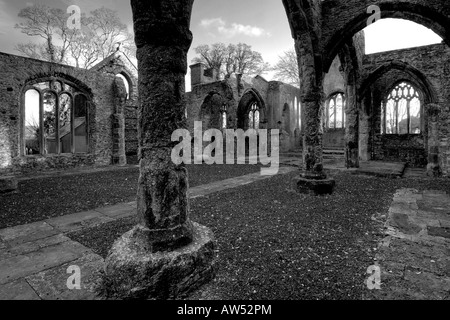 Interior of a burnt out church attacked by arsonists and left as a ruinous shell in monochrome Stock Photo