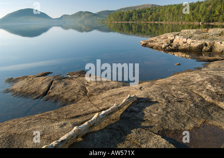Sunrise at Eagle Lake overlooking The Bubbles and Bubble Rock Acadia National Park Maine USA Stock Photo