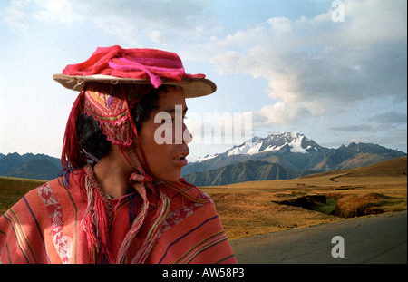 Man in traditional costume with poncho Ollantaytambo Sacred Valley Peru Stock Photo