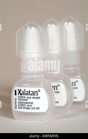 Xalatan eye drops in plastic bottle used for treatment of Glaucoma Stock Photo
