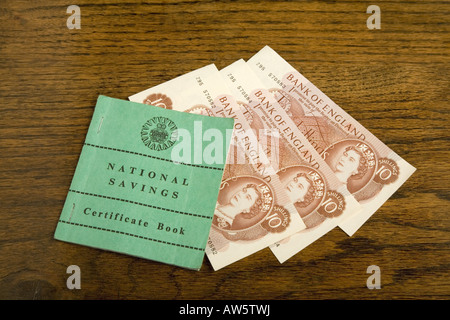 Old National savings book with three 10 shilling notes Stock Photo