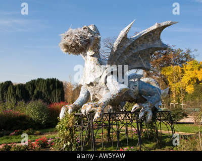 Silver Dragon made from recycled aluminium cans in the Jardin des Plantes Paris France Europe Stock Photo