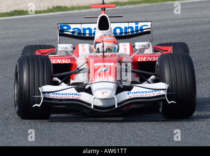 Timo Glock GER in the Toyota TF108 racecar during Formula 1 testing sessions on the Circuit de Catalunya Stock Photo