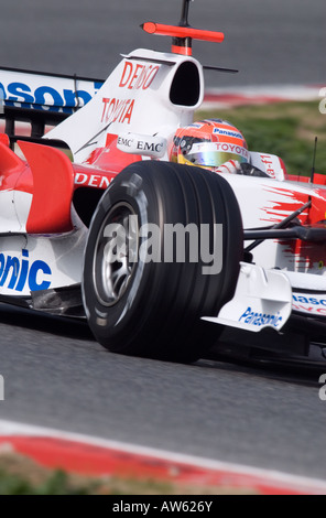 Timo Glock GER in the Toyota TF108 racecar during Formula 1 testing sessions on the Circuit de Catalunya Stock Photo