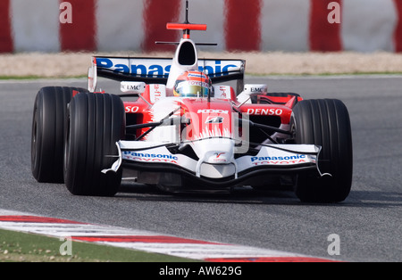 Timo Glock GER in the Toyota TF108 racecar during Formula 1 testing sessions on the Circuit de Catalunya Stock Photo