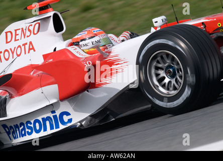 Timo Glock GER in the Toyota TF108 racecar during Formula 1 testing sessions on the Circuit de Catalunya Stock Photo