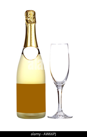 Champagne bottle and empty glass isolated on white background Blank label for add text Stock Photo