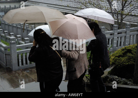 People under umbrellas, Sengaku-ji temple, Tokyo Stock Photo