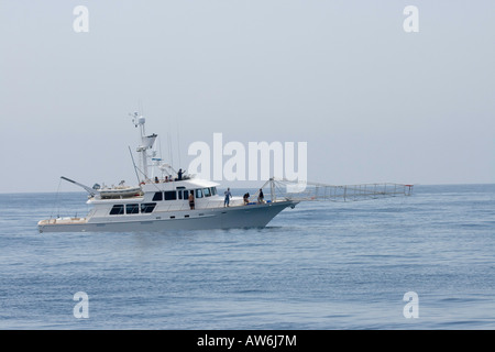 The extension off the bow of this commercial fishing vessel is for harpooning swordfish, Catalina Island, California, USA.