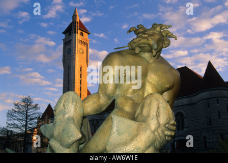 Union Station and a figure from the sculpture The Meeting of the Waters in St. Louis, Missouri. Stock Photo