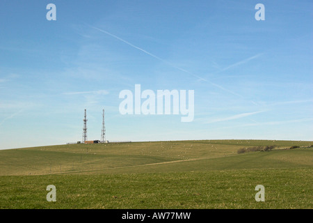 Radio / Communication masts on Beddingham Hill on the South Downs above West Firle in East Sussex. Stock Photo