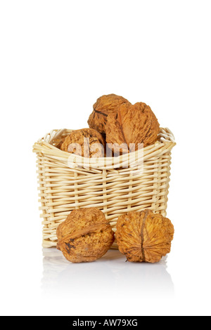 A walnuts in the basket reflected on white the background Stock Photo