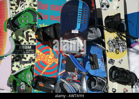 Colourful ski equipment resting against an iron railing at Camp Fortune,  Chelsea, Quebec, Canada Stock Photo - Alamy