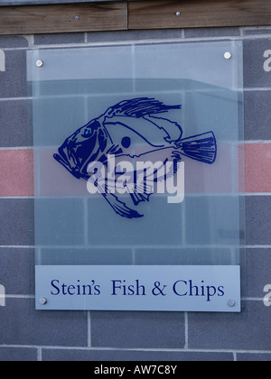 Rick Stein's Fish and Chip shop sign Padstow, Cornwall, UK Stock Photo