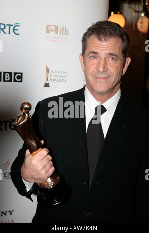 Mel Gibson with his outstanding contribution to world cinema award in the press room at the Irish Film and Television Awards Stock Photo