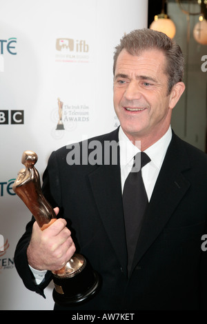 Mel Gibson with his outstanding contribution to world cinema award in the press room at the Irish Film and Television Awards Stock Photo