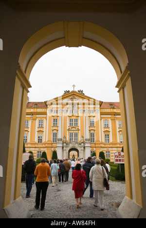 Tourists visiting the baroque benedictine monastery of Melk Abbey in the Wachau region in Austria Stock Photo