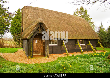 The wood and thatch church of St Mary the Virgin and St Nicholas at Sandy Lane near Chippenham ^Wilts England UK EU Stock Photo