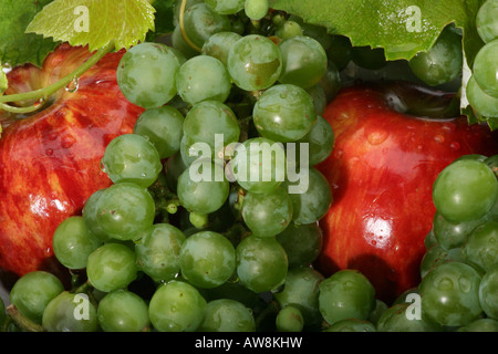 The green grape and various of fruits with droplets of water close up pictures images photos large high resolution horizontal in USA US hi-res Stock Photo