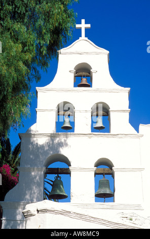 The white washed bell tower at Mission San Diego (California's first Mission 1769) San Diego California Stock Photo