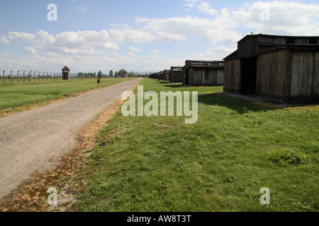 The remaining wooden huts in the former Nazi concentration camp at Auschwitz Birkenau, Oswiecim, Poland. Stock Photo